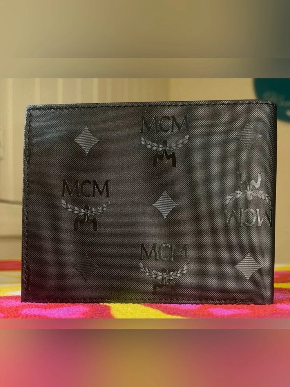 MCM Black Bifold Men's Wallet Logo Pattern Credit Card Folding Theme Logo